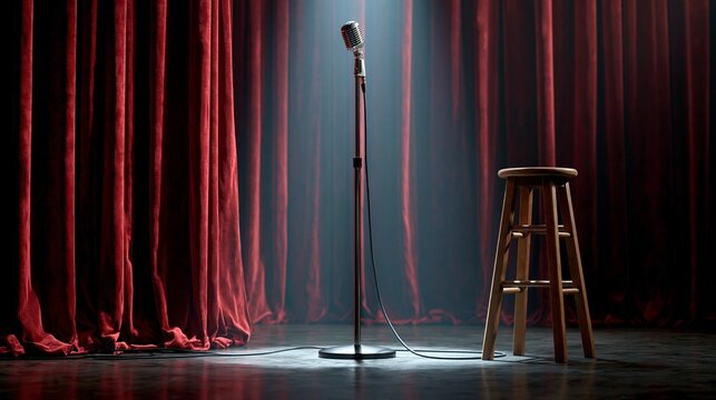 A single spotlight falls on an empty comedy club stage with a chrome microphone stand, red velvet curtain, and lone wooden stool, creating a quiet tribute scene after a performer's passing.
