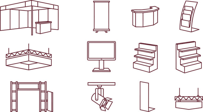 Collection of trade show and exhibition featuring booths, roll-up banners, reception desks, brochure stands, lighting trusses, and spotlights