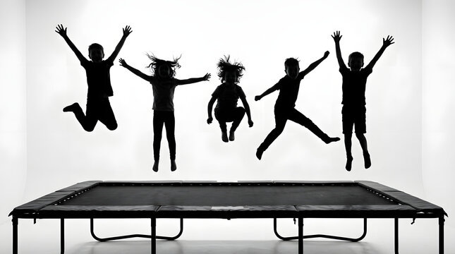 Children jump high on trampoline in indoor playground at night