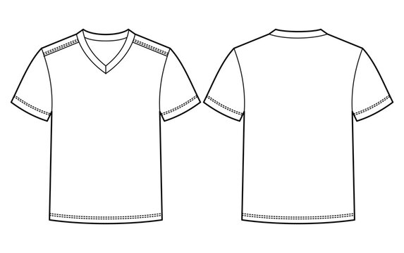Technical fashion flat sketch of a men's V-neck T-shirt. Mockup front and back view.	