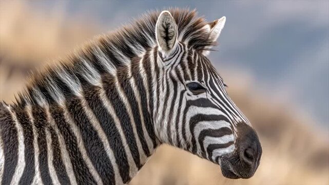 Close-up of zebra head. Shows black & white striped fur, eye, ear, with blurred background