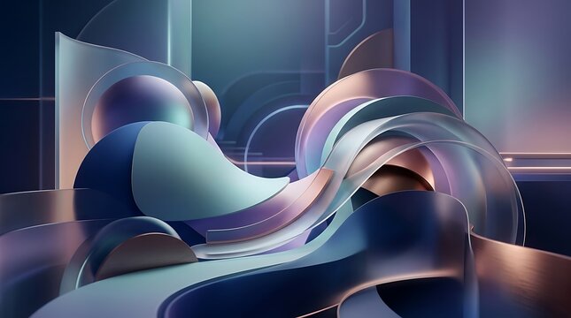 Abstract 3D Futuristic Background with Fluid Iridescent Curves and Translucent Glass Shapes