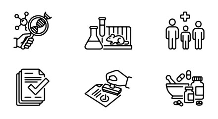 Fototapeta premium Medical Research Icons, Science Lab Symbols, Healthcare Icons, Pharmaceutical Icons, 6 Icons