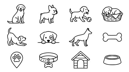 Friendly dogs and puppies vector icon set with simple bold line art classic retriever bulldog sleeping puppy playful paw print bone and pet care clip art black and white © GULSHAN