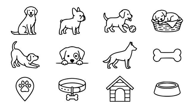Friendly dogs and puppies vector icon set with simple bold line art classic retriever bulldog sleeping puppy playful paw print bone and pet care clip art black and white