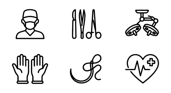 Medical Icons Set: Surgeon, Instruments, Gloves, Heartbeat, Surgical Lights