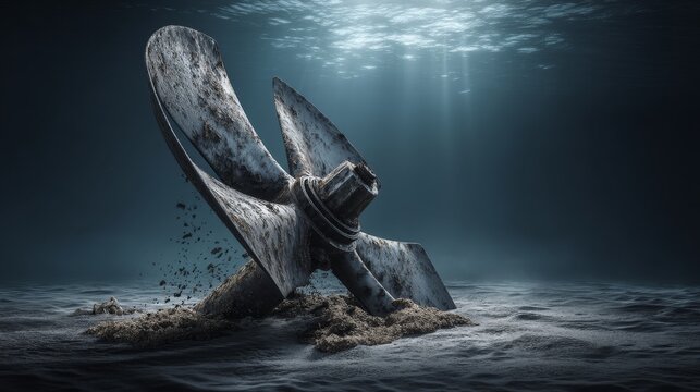 Rusty Boat Propeller Underwater Surrounded by Sand and Light Rays
