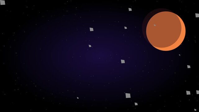 Animated orange planet orbiting in deep space with floating asteroids and stars animation 4k background