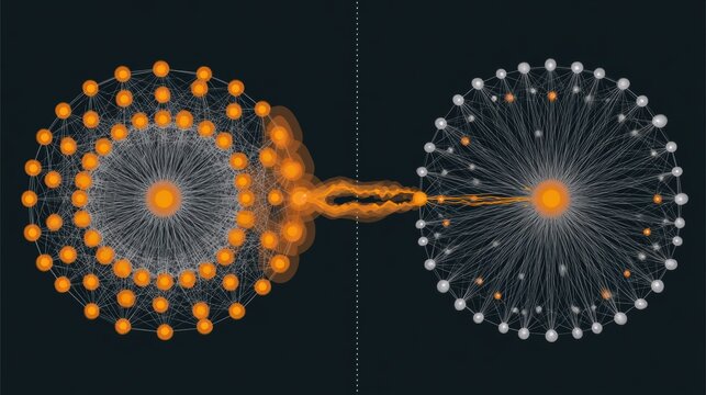 Illustration shows two network designs with the same number of nodes. Mesh design remains intact while hub-spoke design suffers from attack.