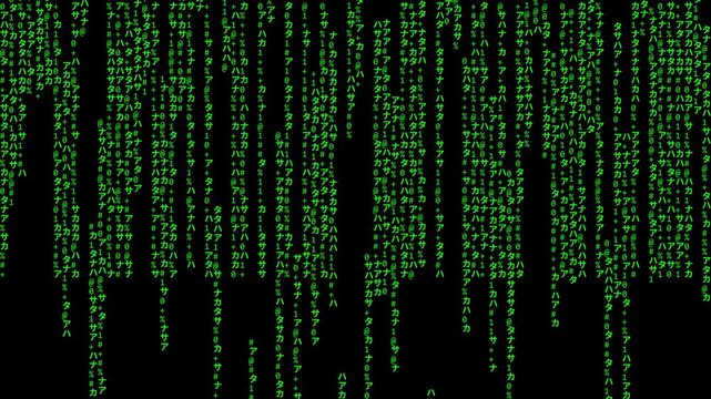 Digital matrix rain animation 4k background, with falling green, japanese katakana characters, and binary code symbols