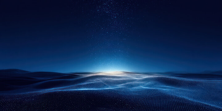 A striking abstract landscape in deep blue with futuristic light effects, showcasing digital waves and a shiny, cosmic surface.