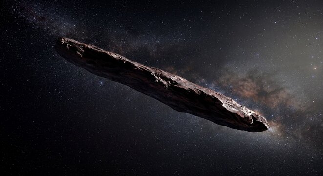 An elongated, cigar-shaped interstellar object traveling through the deep dark void of the cosmos.