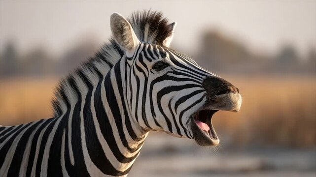 A close-up of a zebra, head turned to the side, mouth open, and a blurred background