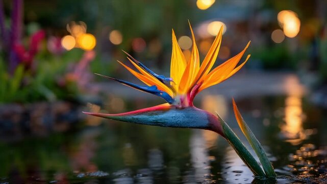 A Bird of Paradise flower gracefully emerges from water, with vibrant orange and blue petals