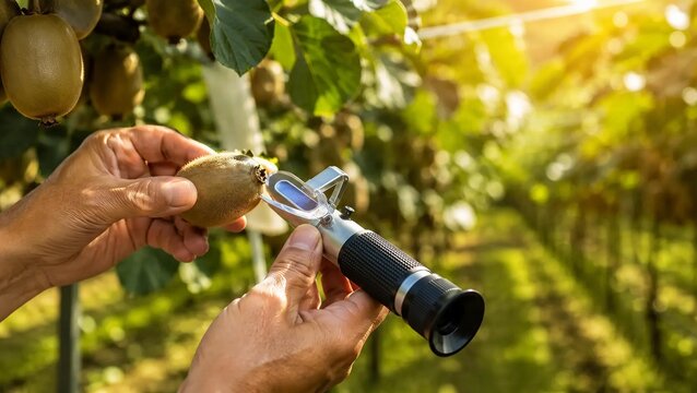 Testing Kiwi Fruit Sugar Content with Handheld Refractometer Device in Orchard