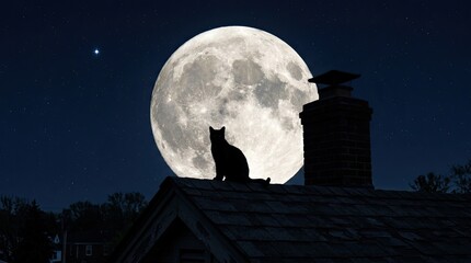 Halloween night scene with black cat on roof under full moon