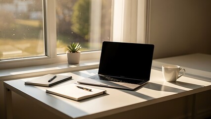 Fototapeta premium A laptop and notebooks sit on a sunlit desk next to a window, creating an inviting workspace for productivity and inspiration.