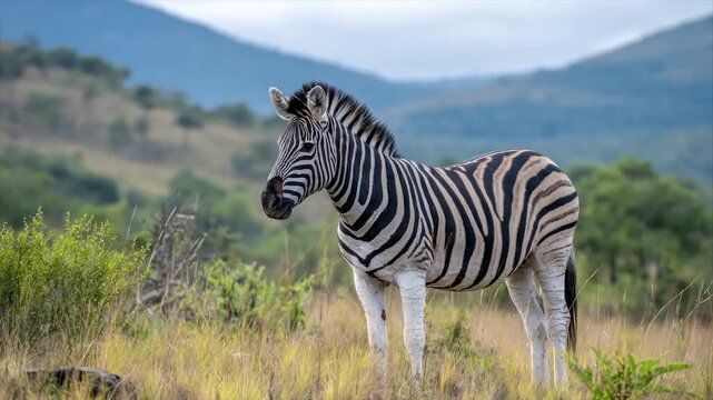 A zebra stands in a grassy field with a blurred mountain backdrop, facing the camera