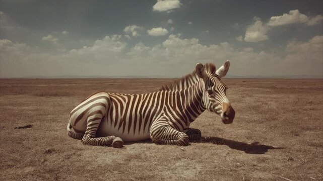 A resting zebra with striking stripes lies in a dry savanna under a cloudy sky