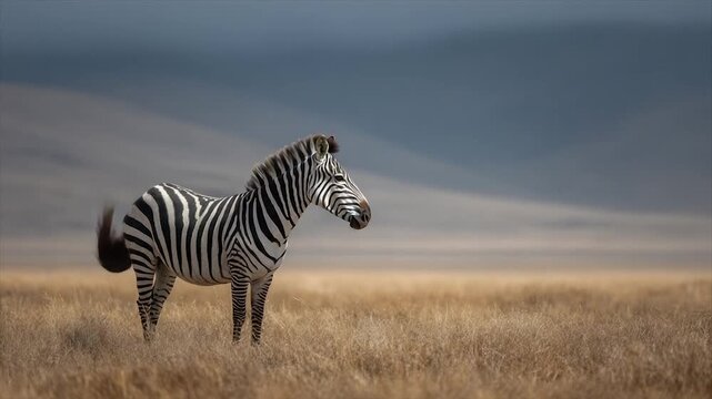 A zebra stands in a grassy field, looking right, with a cloudy sky backdrop
