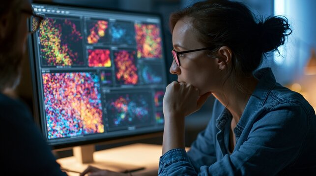 A researcher studies colorful single-cell sequencing clusters on a large monitor, heat maps and scatter plots floating around the screen, focused mood, cool studio lighting, three-quarter composition.