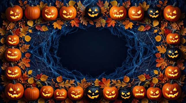 Spooky halloween pumpkins and leaves border with glowing jack o lanterns for fall decor