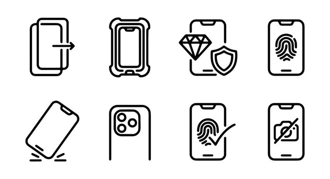 Smartphone Protection Icons: Security, Durability, Fingerprint, Camera Lock, Screen Guard
