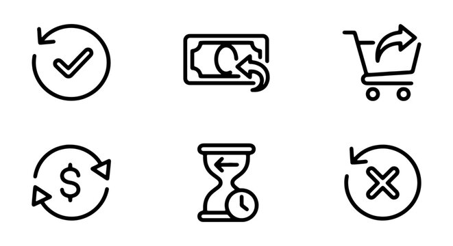 Money Refund Icons, Shopping Cart Return, Hourglass Timer, Checkmark Success, Financial Transaction Symbols