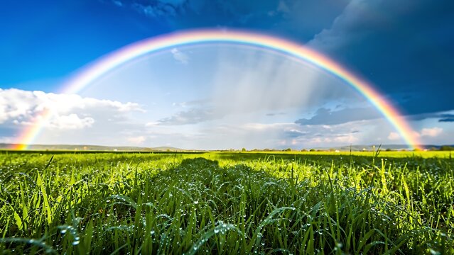 A vibrant rainbow arcs across a dramatic sky, casting a spectrum of colors over a dew-kissed green field after a refreshing rain.