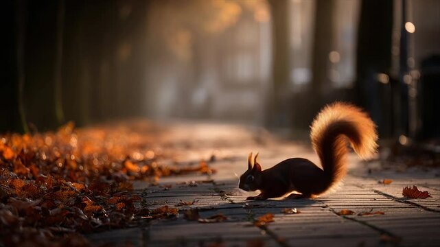 A squirrel stands on a path, illuminated by sunlight, with autumn leaves scattered around