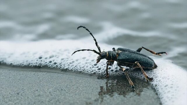 A long-horned beetle, wet from the waves, stands on wet sand beside seafoam
