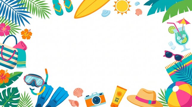 Colorful summer beach elements border frame