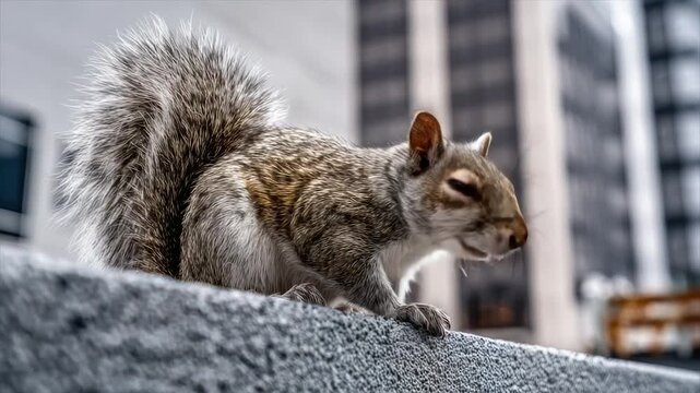 A gray squirrel with a fluffy tail perches on a ledge, cityscape in background
