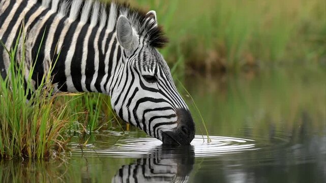 A zebra drinks from a still pond, its reflection visible. Long grass lines the bank
