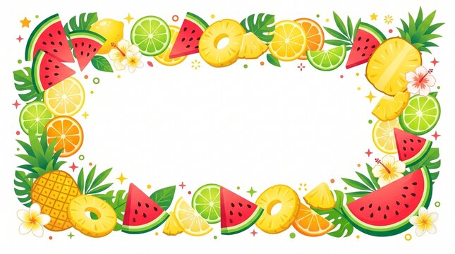 Tropical summer fruit border vector background