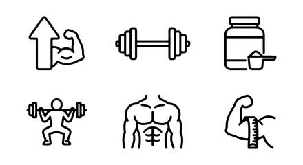 Fototapeta premium Fitness Icons Set: Muscle Growth, Dumbbell, Protein, Weightlifting, Abs, Bicep Measurement