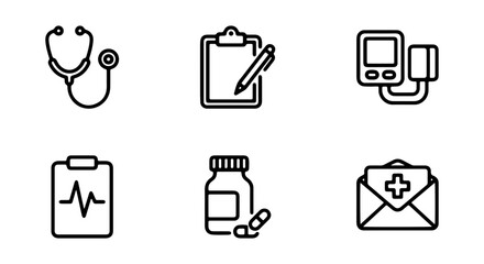 Fototapeta premium Medical Icons Set: Stethoscope, Clipboard, Blood Pressure Monitor, ECG, Pills, Health Mail