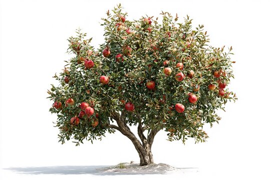 A vibrant apple tree laden with many ripe red apples and lush green leaves, isolated on a white background.