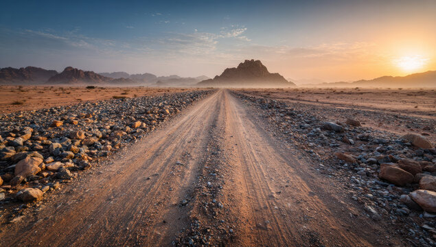 A scenic sunset illuminates a rocky desert road leading to a distant mountain under a clear sky.