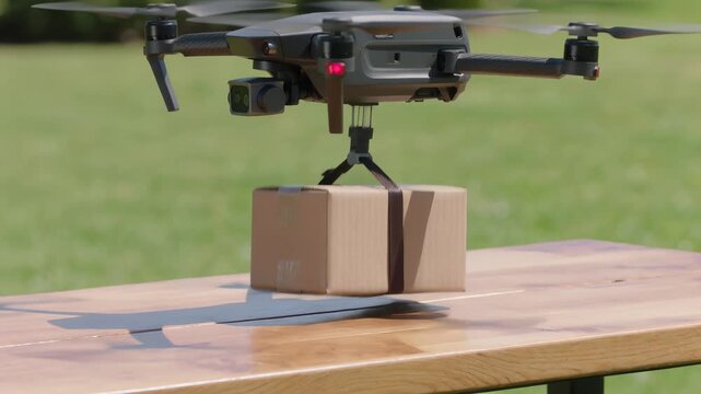 Delivery drone hovering over cardboard package on wooden table
