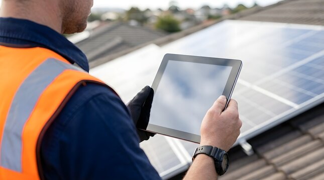 Professional technician wearing a high visibility orange vest holds a blank digital tablet while inspecting modern solar panels installed on a residential dark tiled roof surface