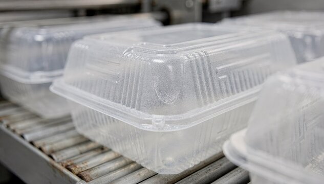 Medium shot focusing on textured injectionmolded deli containers with gripenhancing surfaces as they are formed emphasizing durable plastic design for enhanced handling and