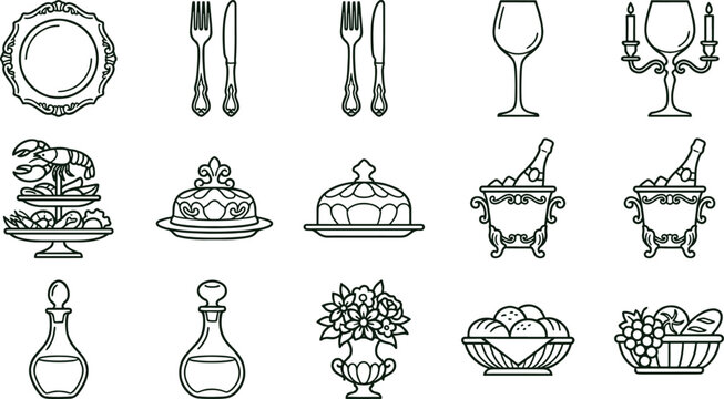 Collection of fine dining and luxury table setting in a simple black and white line for catering plate