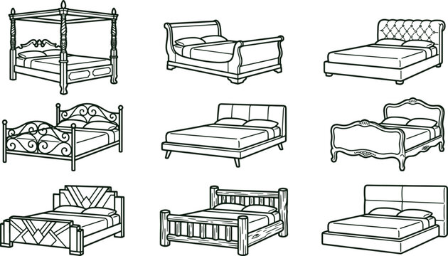 Collection of nine different bed frame and bedroom furniture in a clean black and white line on white background