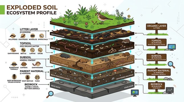 Detailed soil ecosystem profile diagram.