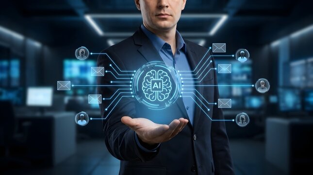 Professional businessman in a dark suit interacts with a glowing artificial intelligence brain hologram integrated with digital communication network icons in a high tech office