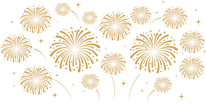Elegant golden fireworks pattern with sparkling stars and dotted accents on a clean white background. Festive seamless celebration design for New Year, holidays, party d&eacute;cor, wallpapers, wrapping pape