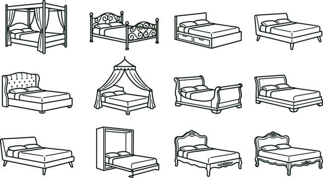 Twelve different bed frame and bedroom furniture in a simple black and white line set on a white background