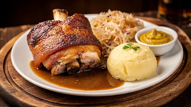 A hearty German pork knuckle served with creamy mashed potatoes, tangy sauerkraut, and a dollop of mustard, presented on a rustic wooden plate, evoking a sense of traditional comfort food.