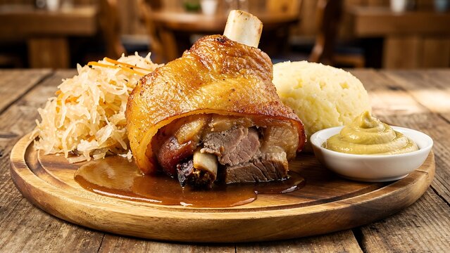 A succulent roasted pork knuckle, crispy golden skin, served with sauerkraut, mashed potato and mustard on a wooden board.
